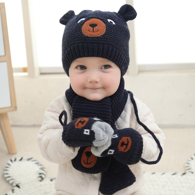 Dark bear baby baby baby child fall winter hat knitted warm hat male and female baby pull over hat scarf set