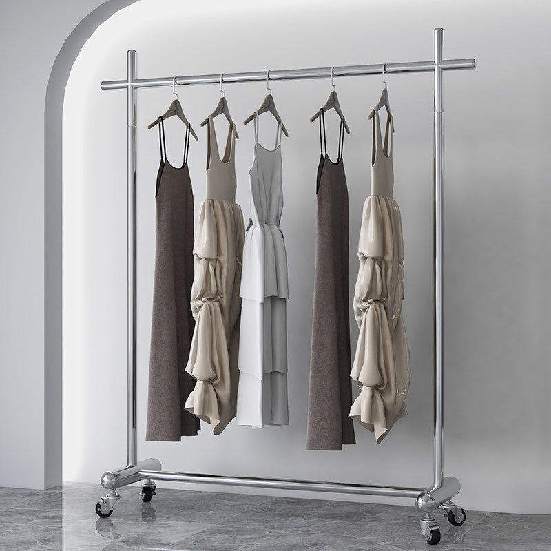 Women's clothing store shelf display rack floor-to-ceiling wall hanging stainless steel hanging hanger clothing store display rack with wheels