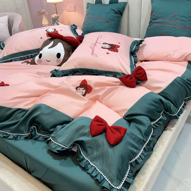 Phiên bản Hàn Quốc của nơ cô gái nhỏ thêu hoa bông 60 dài kim loại cotton bốn mảnh vải satin chăn ga trải giường - Bộ đồ giường bốn mảnh