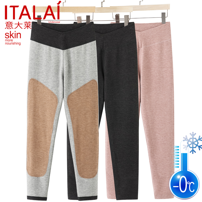 Italian Thermal Pants for Women, Thickened with Silk and Wool, Knee Protection, High-Waisted Leggings, Winter Thermal Pants with Patches