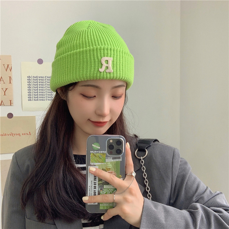 Jesenný a zimný teplý všestranný párový pulóver vlnená čiapka Pletená čiapka s písmenom R_voghion.com