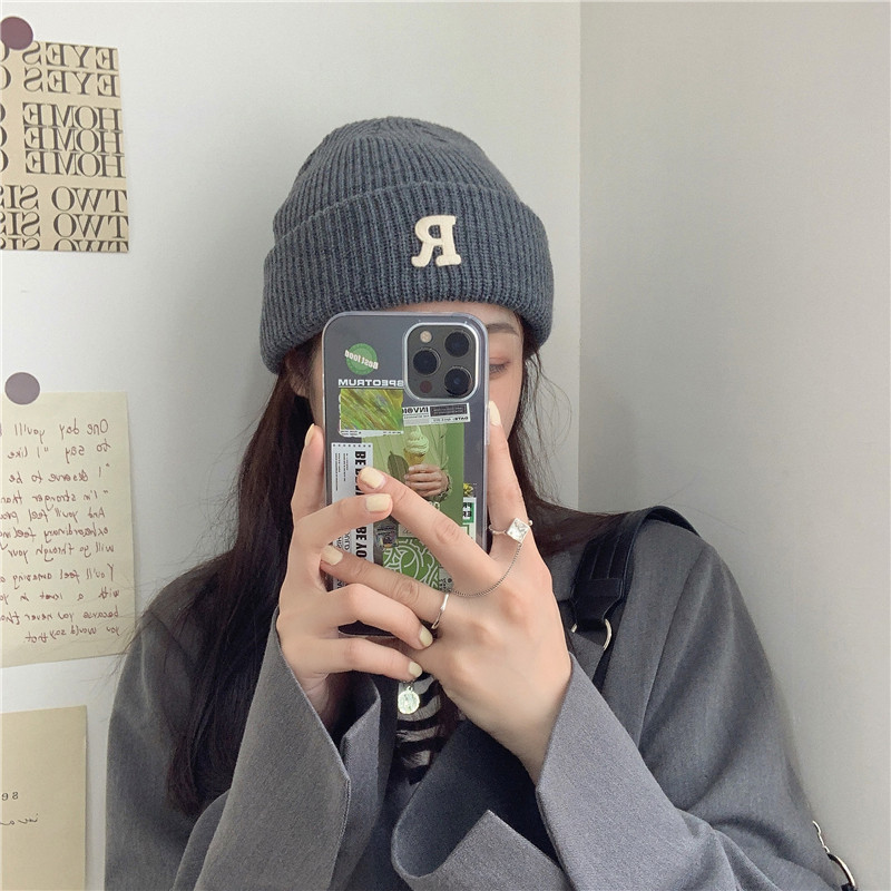 Jesenný a zimný teplý všestranný párový pulóver vlnená čiapka Pletená čiapka s písmenom R_voghion.com
