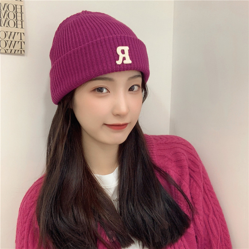 Jesenný a zimný teplý všestranný párový pulóver vlnená čiapka Pletená čiapka s písmenom R_voghion.com