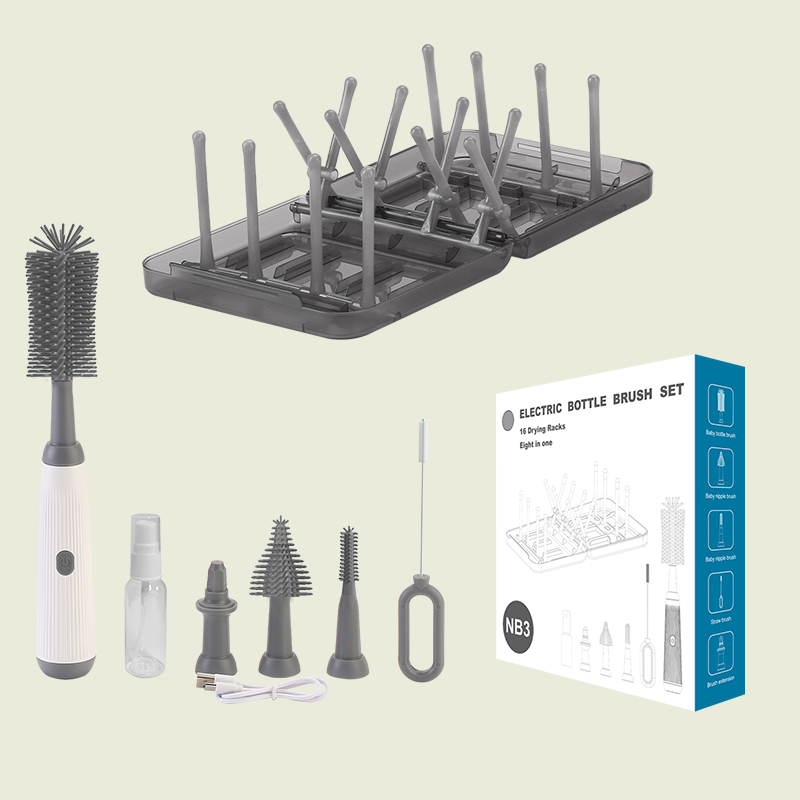 Jiebeixi Multi-Functional Electric Waterproof Baby Bottle Cleaning and Drying Set Silicone Portable Baby Cleaning Brush with Drainage Rod