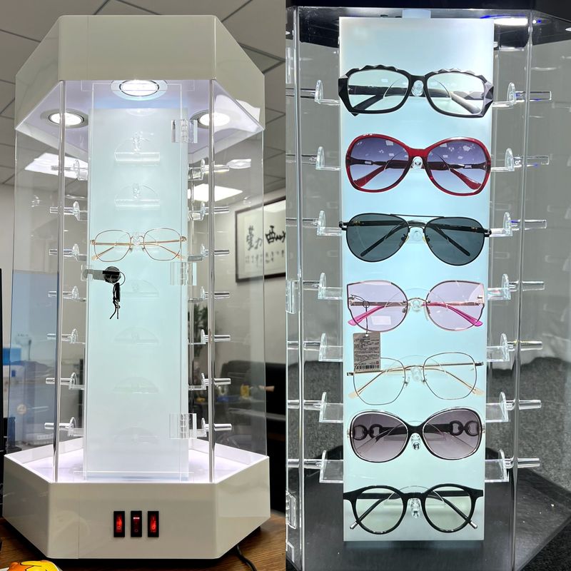 Glasses Rotating Display Cabinet Acrylic Sunglasses Display Stand Rotating Display Stand with Light Dust-Proof Shelf