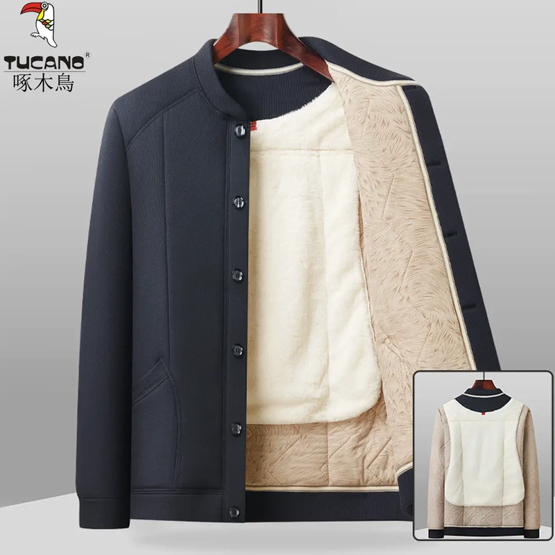 Woodpecker Dad's Clothing for Middle-Aged and Elderly Men, 60-70 Years Old, Cotton-Padded Winter Coat, Fleece-Lined, Thickened, High-Quality Cotton Jacket