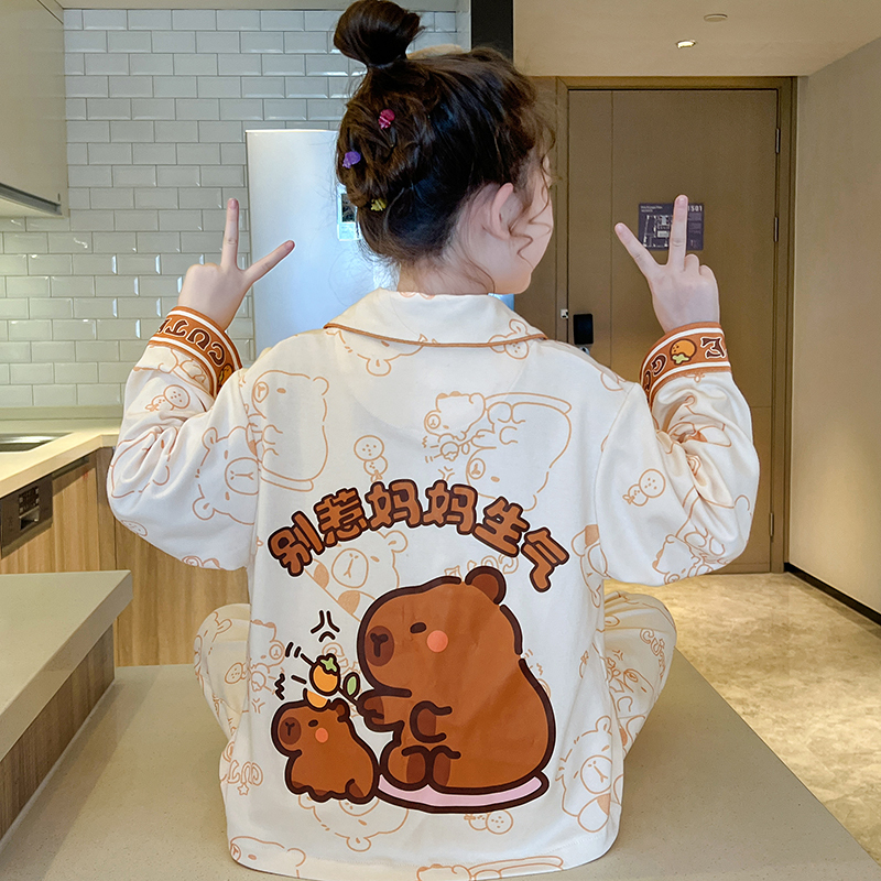 2026 New Girls' Pajamas for Spring and Autumn, Children's Pure Cotton Long-Sleeved Big Kids' Capybara Girls' Loungewear, Autumn Style 2026 New Girls' Pajamas for Spring and Autumn, Children's Pure Cotton Long-Sleeved Big Kids' Capybara Girls' Loungewear, Autumn Style