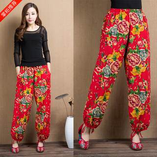 Summer women's printed cotton and linen wide-leg pants, casual women's trousers, northeast large flower ethnic style dancing thin bloomers