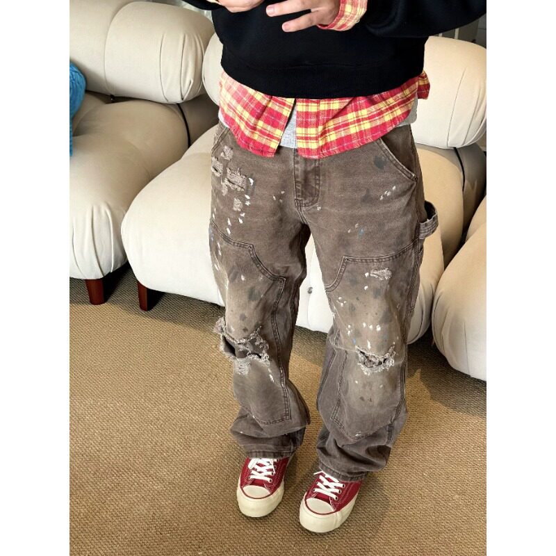 Trendy Brand Heavy-Duty Washed Distressed Double-Knee Work Pants with Splatter Paint Vintage Workwear American Retro Straight-Leg Trousers