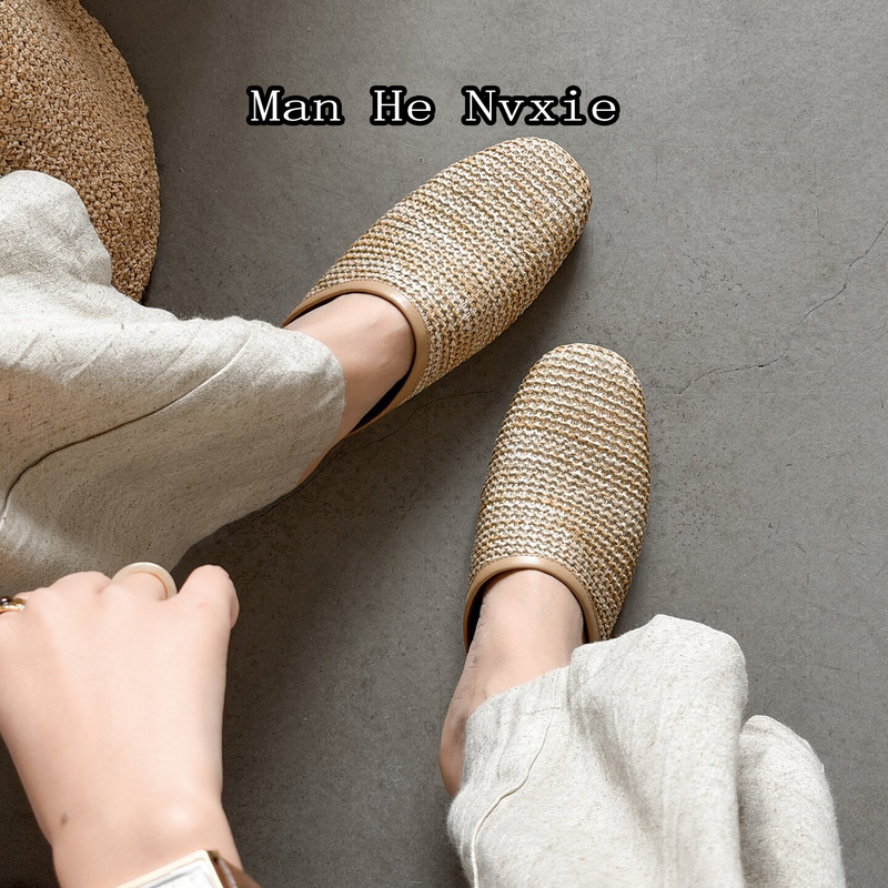 Manhe Minimalist Retro Fashion Woven Flat Slip-On Comfortable Outdoor Sheepskin Mule Sandals