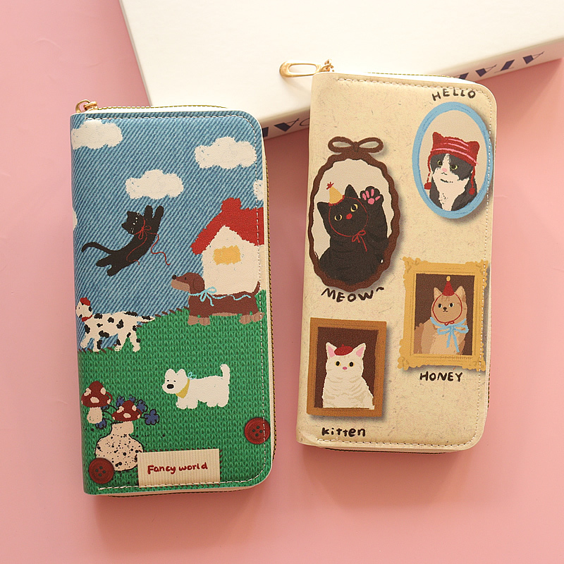 Retro Style Wallet for Women, Long Style, Fresh Style, Zipper, Large Capacity, Mobile Phone Cosmetics Bag, Cartoon Cute Card Holder, Clutch Bag