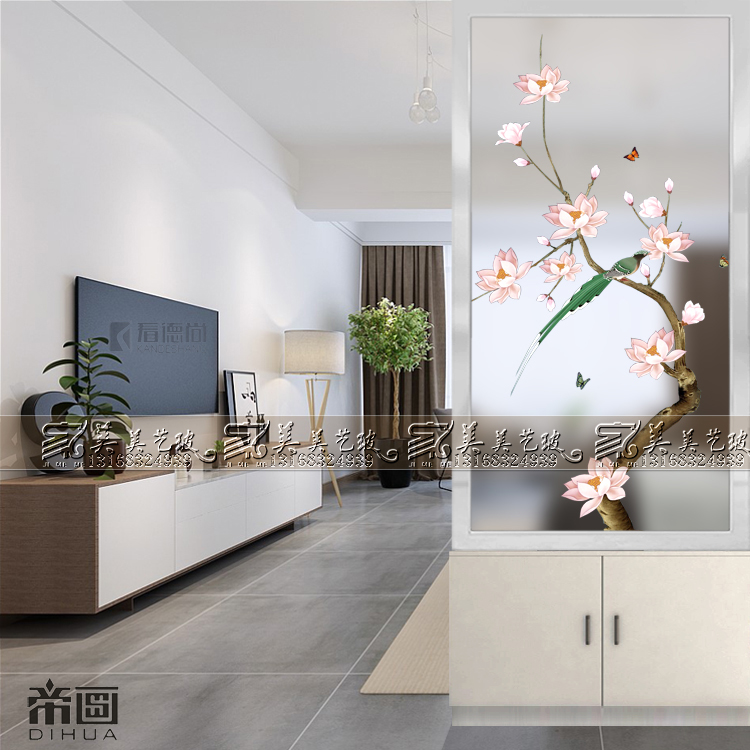 Modern art glass screen partition decoration living room porch background wall matte light transmission simple craft magnolia flower