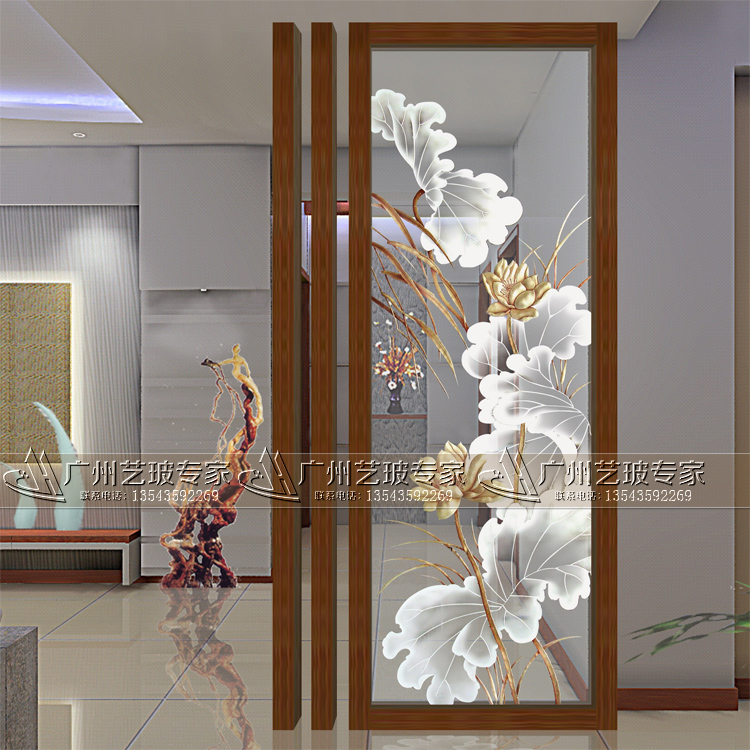 Home Clothing Art Glass Living Room Screen Partition Shoes Cabinet Xuanguan Glass Custom Fields Garden Wind Transparent Bottom Lotus Summer Dream-Taobao