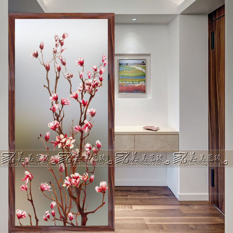 Chinese-style toughened art glass partition TV background wall porch decorative screen frosted carving craft magnolia flower