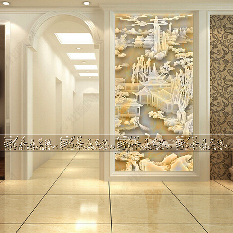 Art glass parlor wall partition screen aisle entered 3D stereo jade sculpture process landscape painting