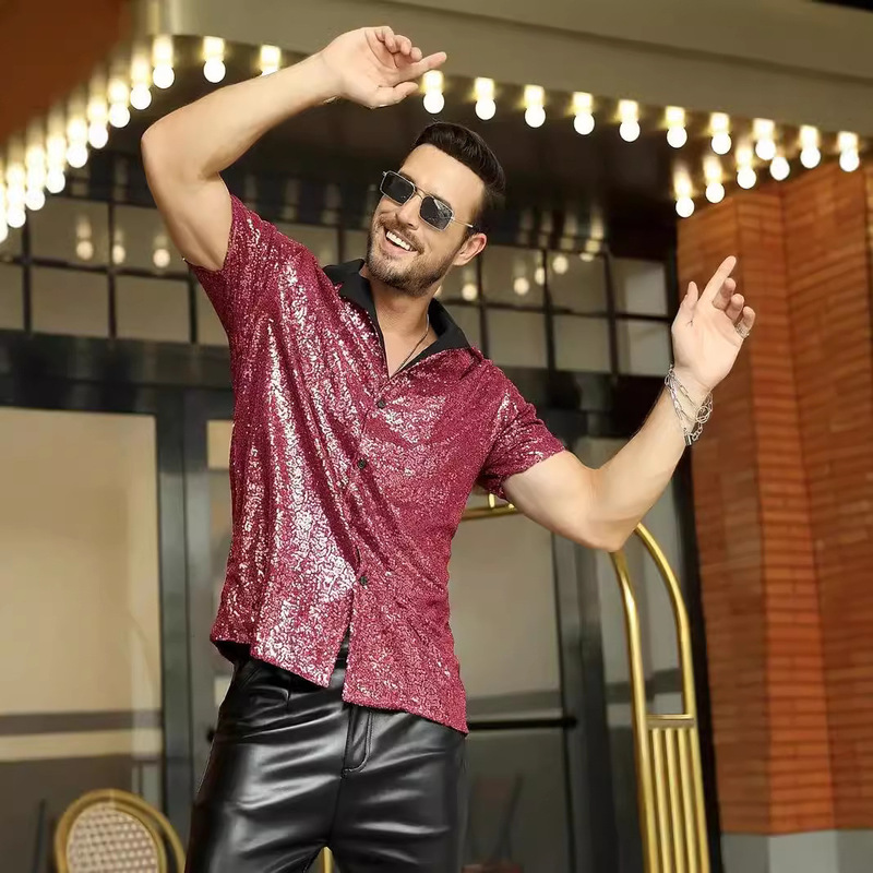 2025 Cross-Border Foreign Trade Men's Lapel Sequin Short-Sleeved Shirt European and American Disco Sparkling Party Style Shirt 2025 Cross-Border Foreign Trade Men's Lapel Sequin Short-Sleeved Shirt European and American Disco Sparkling Party Style Shirt