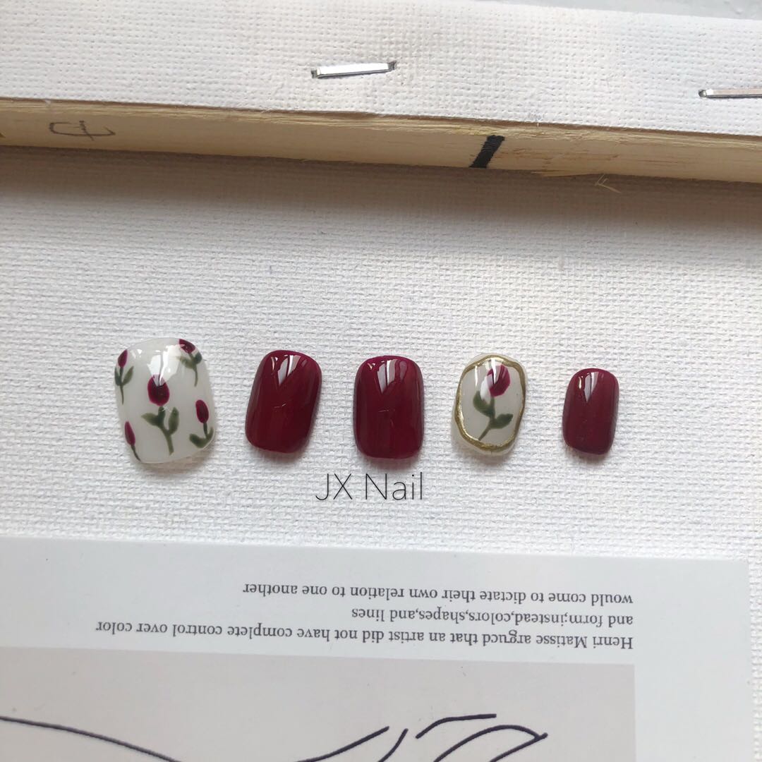 Nail finished finished handdrawn light armor red INS wearing nails whitening new long short fake nails