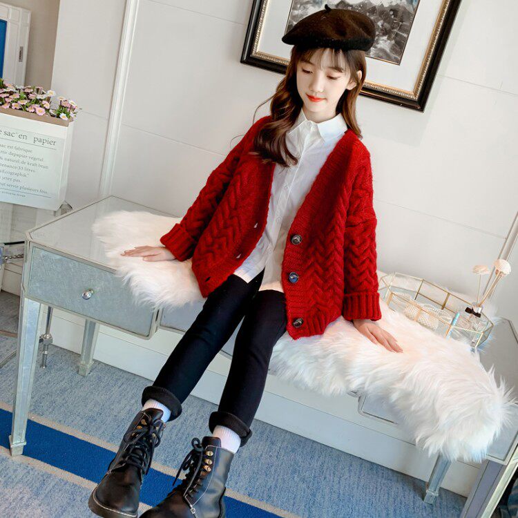 Girls Autumn Net Red Cardigan Sweater 2021 New Children's Fashion Outerwear Knitwear Female Big Boy Spring and Autumn Jacket