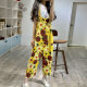 Summer new cotton and linen retro literary pastoral style printed loose large size versatile cropped jeans overalls for women