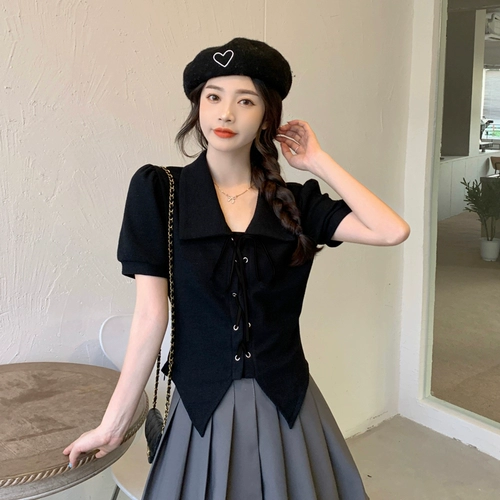 Летняя короткая рубашка, воротник поло, рукава фонарики