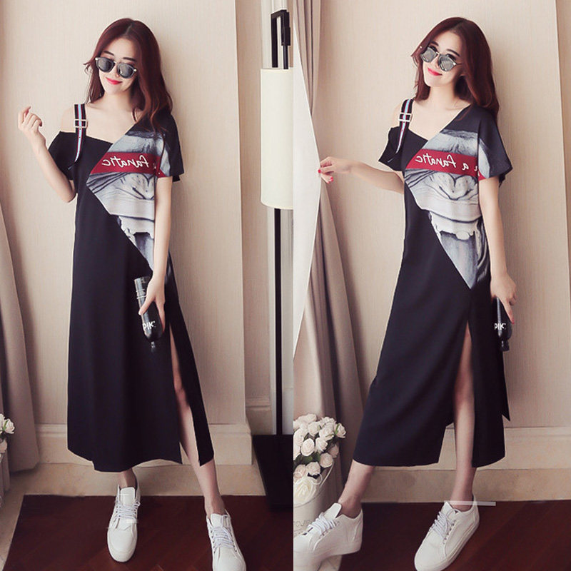 2020 new large size women's clothing Fat mm Belly Side Open Fork Ocean Dress LEAN FASHION V COLLAR LIGHT COOKED WIND SUMMER SEASON