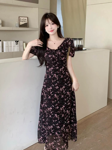 Шифоновая летняя юбка, размер, французский стиль, цветочный принт, по фигуре, рукава фонарики, А-силуэт