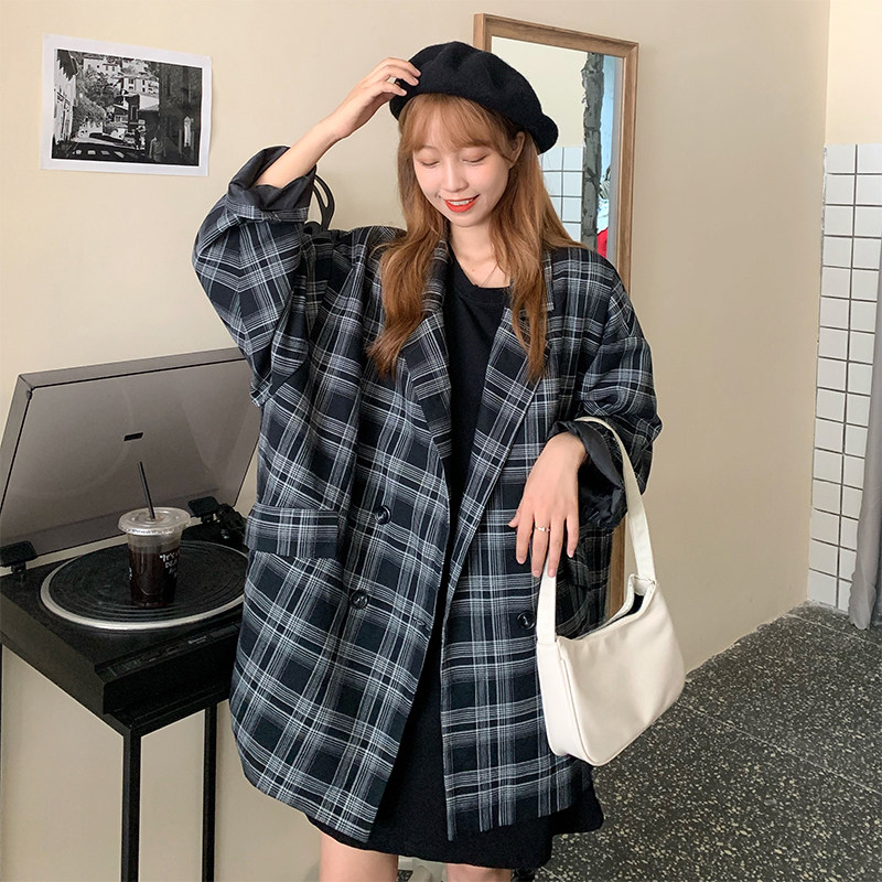 Large size women's fat mm plaid loose casual fried street suit jacket women's 200 catties autumn and winter all-match small windbreaker