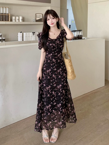 Шифоновая летняя юбка, размер, французский стиль, цветочный принт, по фигуре, рукава фонарики, А-силуэт