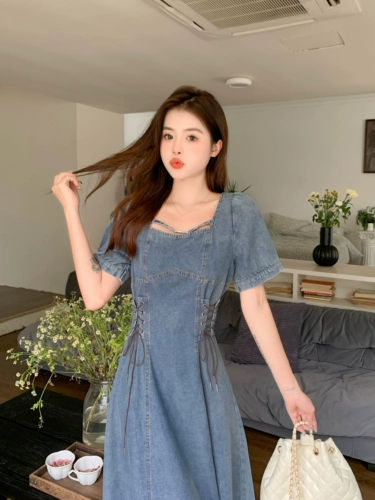 Летний приталенный корсет, джинсовая юбка, длинная юбка, размер, французский стиль, короткий рукав, для формы тела «груша»