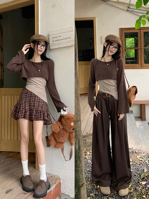 taobao agent Autumn design set, short knitted sweater, top with cups, mini-skirt, plus size, trend of season, three piece suit