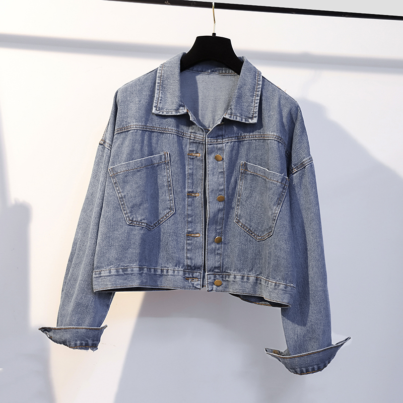 Fat sister large size loose retro short denim jacket 200 catties dress covering belly high waist mesh vest skirt