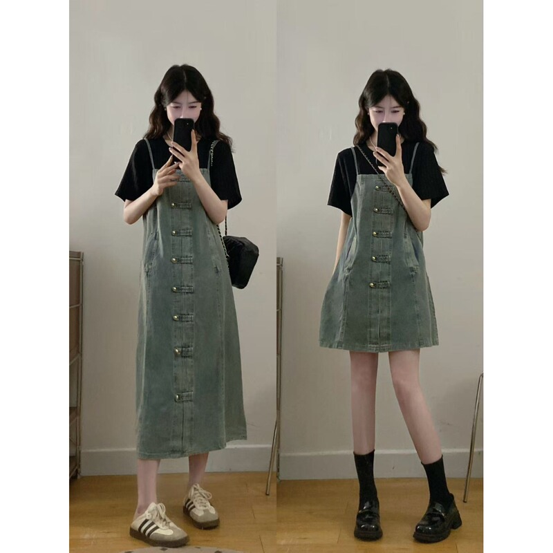 Plus-Size Hepburn-Style Faux Two-Piece Denim Dress for Women, Summer, Slightly Chubby, Covers the Body, Looks Slimming, Mid-Length Dress, Short-Sleeved Suspender Dress Plus-Size Hepburn-Style Faux Two-Piece Denim Dress for Women, Summer, Slightly Chubby, Covers the Body, Looks Slimming, Mid-Length Dress, Short-Sleeved Suspender Dress
