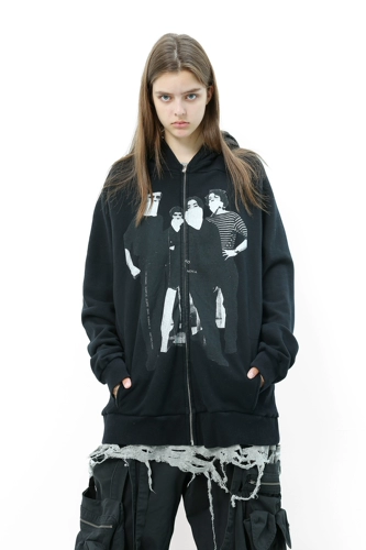 [UNKNOWNWORLD FW19 YOKO ONE做旧拼接结构拉链连帽卫衣男女外套]