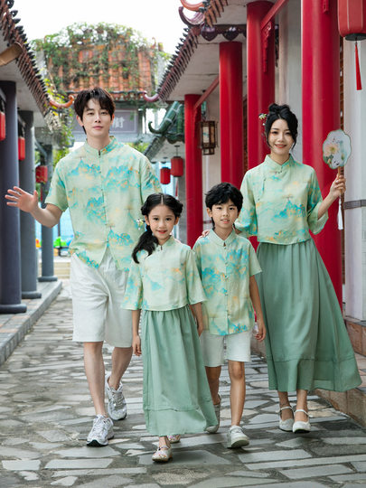 Chinese-Style Family Matching Outfits 2025 Summer New Collection, New Chinese-Style Hanfu for a Family of Three, Landscape Painting Mother-Daughter Dress, Father-Son Set