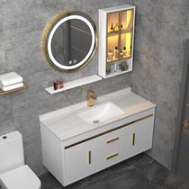  Bathroom light luxury rock board bathroom cabinet Smart round mirror hand washing basin basin cabinet Combination sink bathroom cabinet