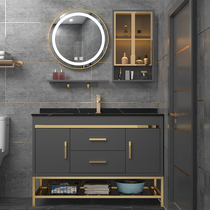 Floor-to-ceiling washbasin cabinet combination Light luxury rock board bathroom cabinet Bathroom intelligent round mirror washbasin sink sink