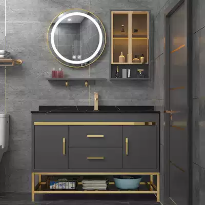 Floor-standing hand basin cabinet combination light luxury Rock board bathroom cabinet dressing room smart round mirror face wash table