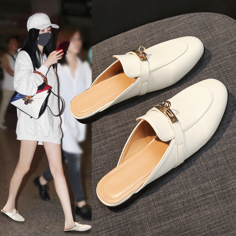 Hong Kong Genuine Leather Buckle Closed-Toe Half Slippers for Women, Summer 2026 New Style, Flat Slip-On Mule Sandals