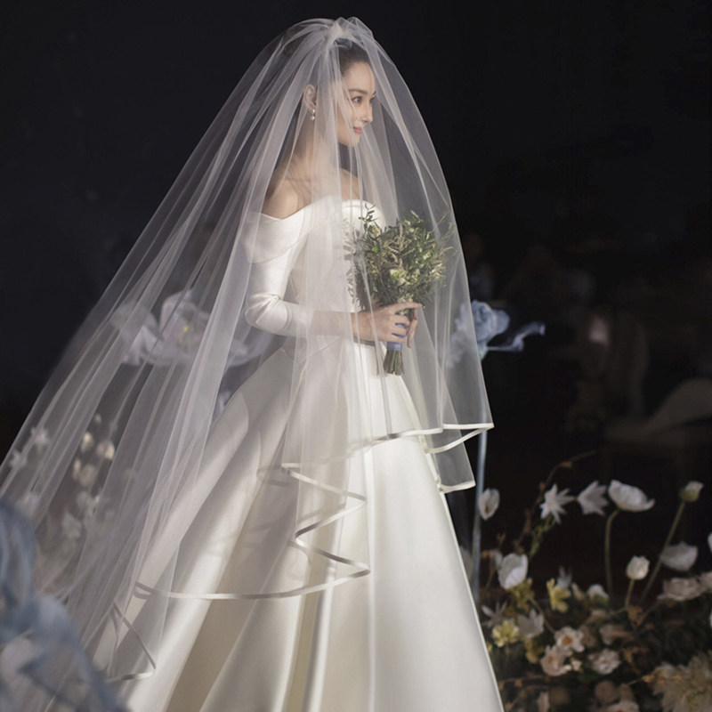 Zhang Xinyu the same satin bread bridal wedding veil new Korean style super long trailing wedding dress travel photography headwear fairy
