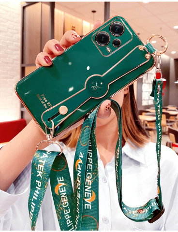 Dark green — Girls Glossy Electroplated Silicone TPU Crossbody Lanyard Strap Note 12, Note 12 Pro, Note 12 Pro+ Phone Case