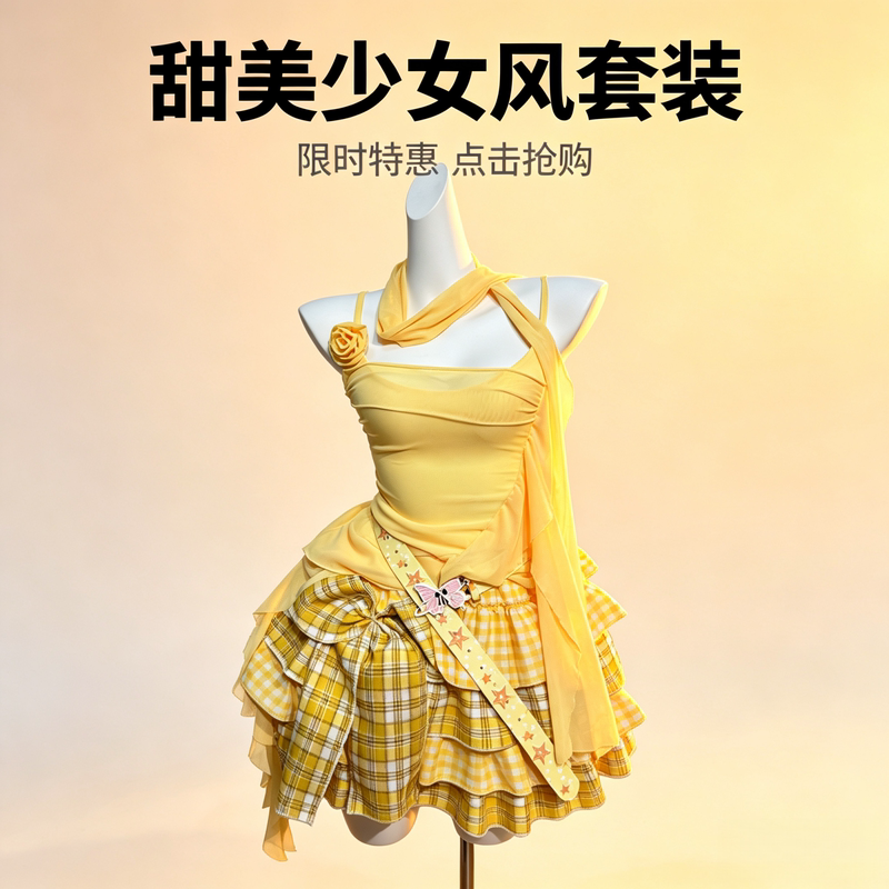 Lanzong Y2K Summer "Yellow Plaid Suit" Girly Mesh Suspender Top + Yellow Plaid Cake Skirt Two-Piece Set