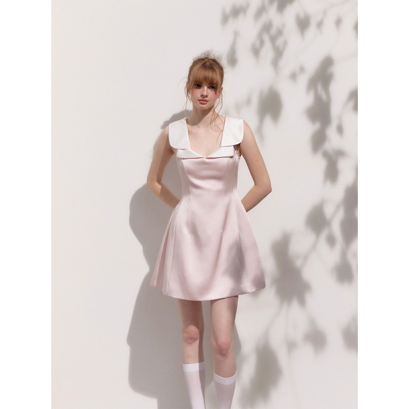 Rumpumpum Pink and White Contrasting Satin High-End Dress Summer Low-Cut Waist-Cinching Princess Dress Rumpumpum Pink and White Contrasting Satin High-End Dress Summer Low-Cut Waist-Cinching Princess Dress