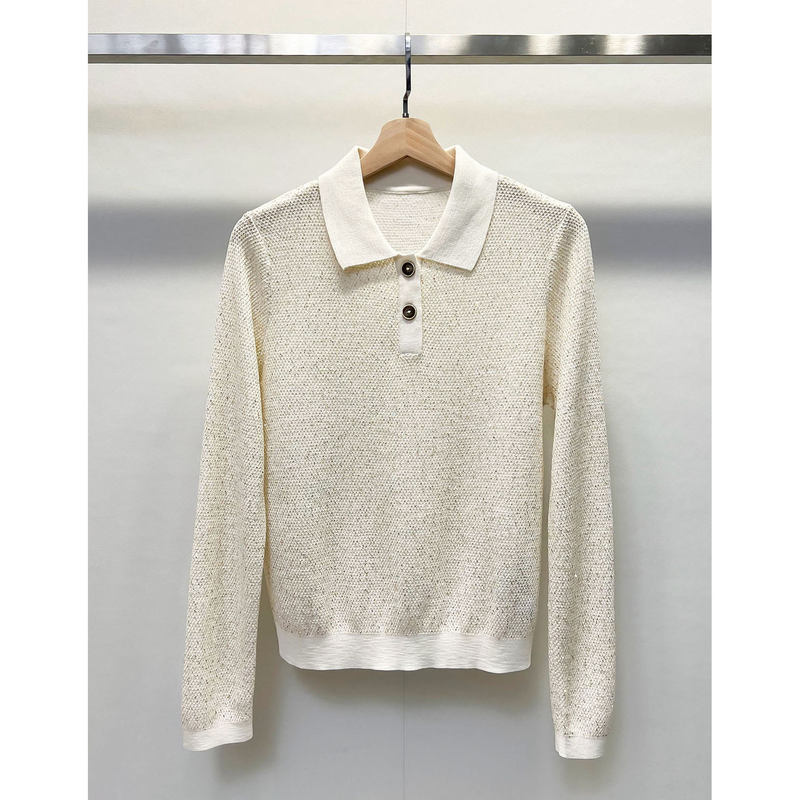Nanyou Haute Couture New Autumn/Winter Women's Clothing Bc Old Money Style Gold Sequin Polo Collar Long Sleeve Knit Top