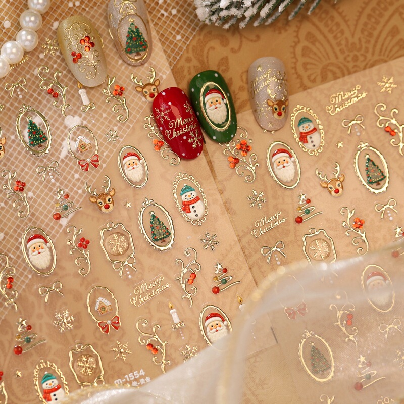 Retro Scandinavian Fairy Tale Style Santa Claus Manicure with Gold Foil Christmas Tree Garland Little Elk Snowflake Nail Stickers