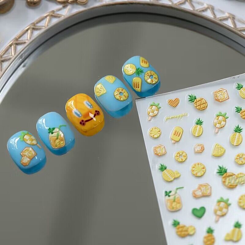 Iron Manicure Three-Dimensional Relief Summer Fruit Pineapple Ice Cube Cute Cartoon Handbook Adhesive Nail Sticker