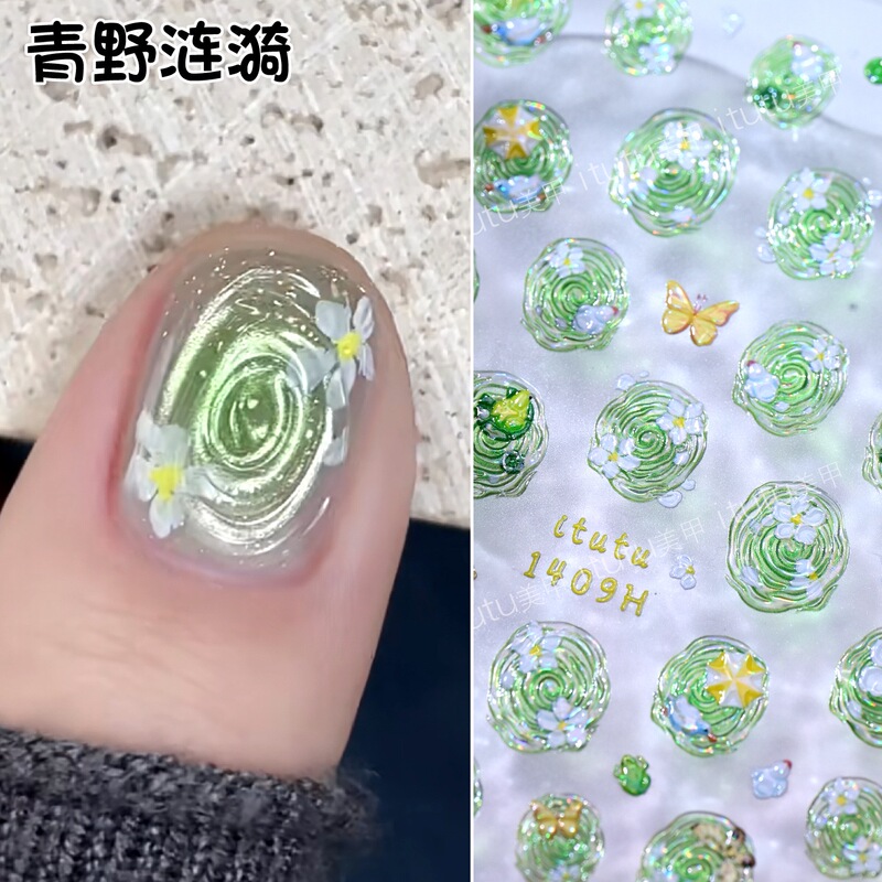 ins Summer Day Serene Ripple Water Wave Nail Art Jelly Style Fresh Plumeria Butterfly Swirl Nail Stickers