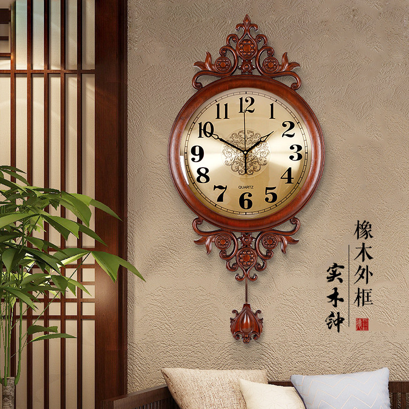 New Chinese solid wood wall clock living room home fashion atmosphere creative vintage clock hanging wall hanging watch Chinese style clock