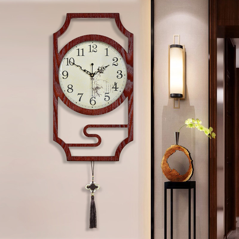New Chinese wall clock Retro Chinese style pastoral hanging watch Simple decorative watch Household living room silent creative clock