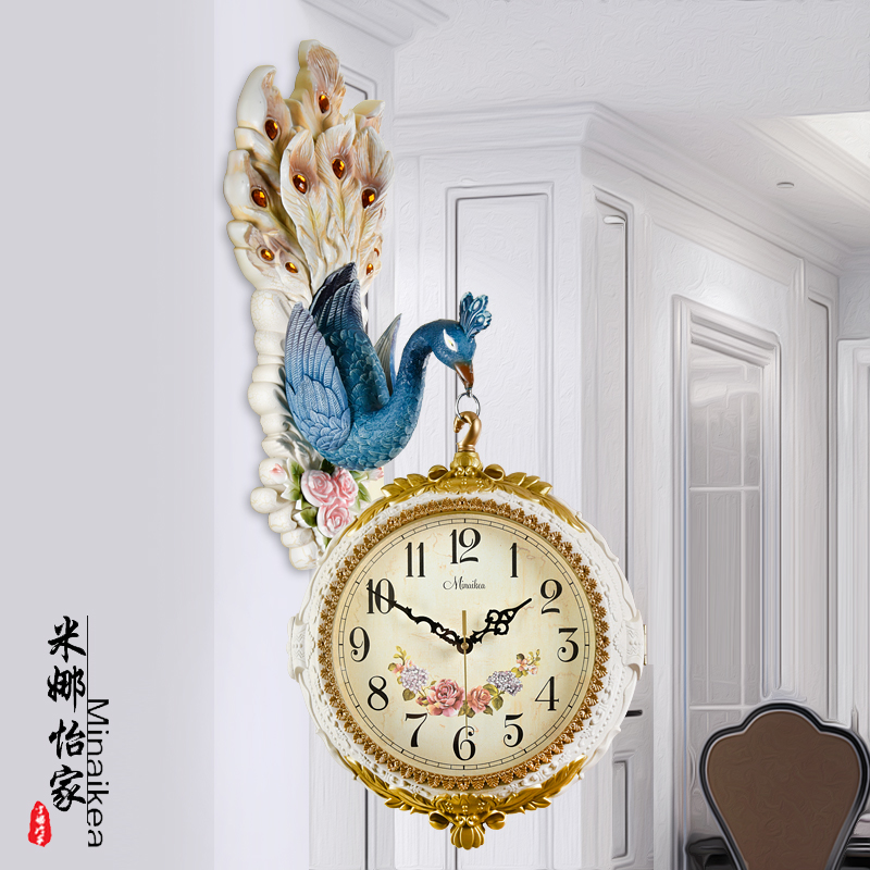 European double-sided wall clock living room atmosphere two Peacock American light luxury clock quartz clock creative home wall watch