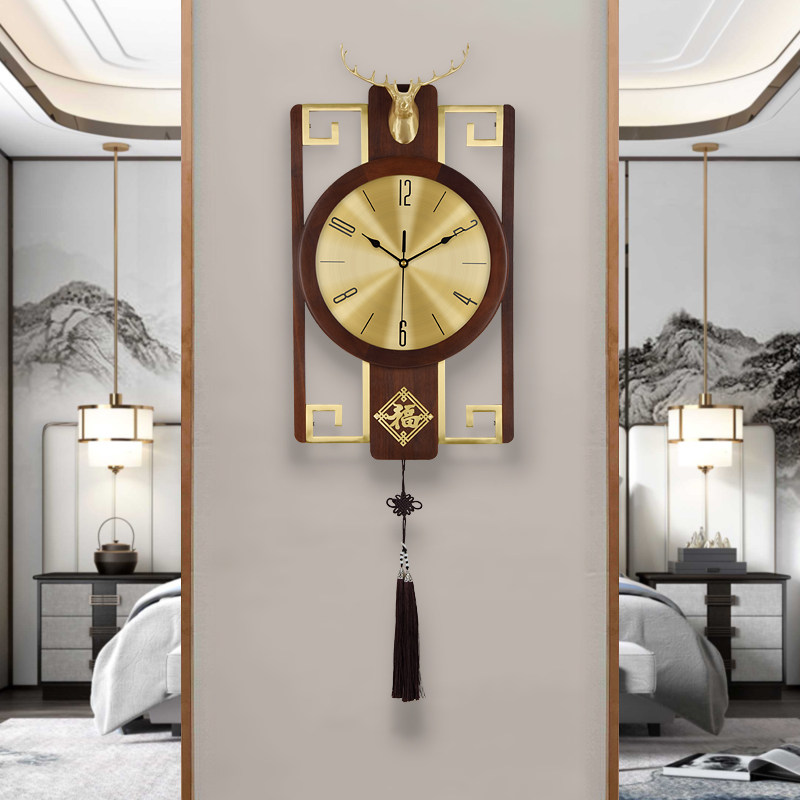 New Chinese Deer Head Hanging Clock Living Room Home Fashion Brass Light Lavish Solid Wood Clock Hanging Wall Classical China Wind Watches